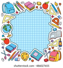 banner cell sheet in cage with pupil set of different school things back to school apple vector illustration