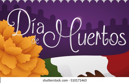 Banner with cempasuchil or marigold flower and Mexican flag with view of a graveyard in "Dia de Muertos" (translate from Spanish: "Day of the Dead") celebration.