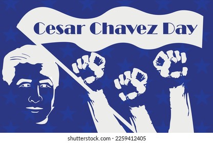 Cartel del Día de Cesar Chávez con el hombre y la gente protestando en bl