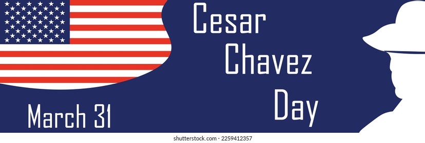 Cartel del Día de Cesar Chávez con bandera de Estados Unidos de fondo azul