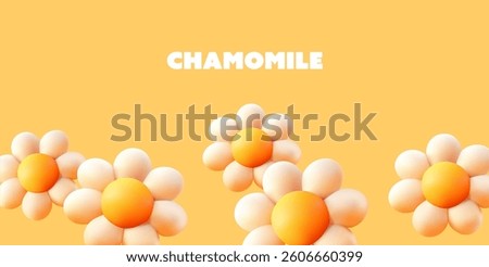 Banner with chamomiles, 3D. Daisies on a yellow background. Spring summer wildflower. For advertising, packaging concepts. Natural, healthy, medicinal plant. Vector illustration.