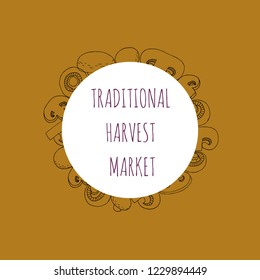 Banner with champignons in hand drawn style. For web, store, product design. Vector illustration. 