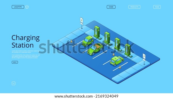 Banner of charging\
station for electric cars. Vector landing page with isometric\
illustration of electro vehicles, auto with energy battery on\
parking with ev\
chargers