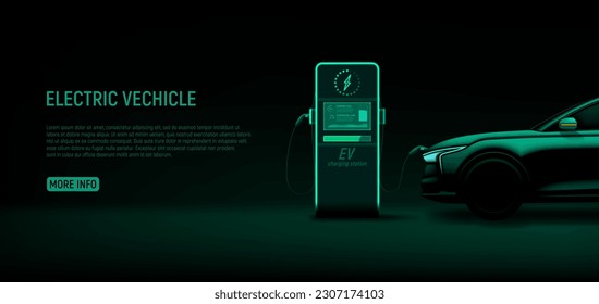 Cartel con la estación de carga y el coche EV. Ilustración vectorial con silueta verde de la parte delantera del coche eléctrico y de la estación de carga. Concepto de energía ecológica. Cartel con auto híbrido moderno.