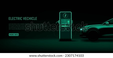 Banner with charging station and EV car. Vector illustration with green silhouette of front part of electric car and charging station. Eco-friendly energy concept. Banner with modern hybrid auto.