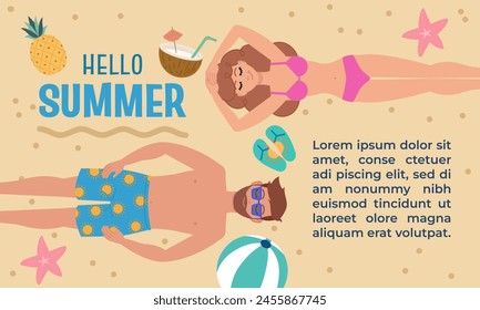 Banner of  charming beach scene with an illustrated couple enjoying the sunshine amidst summer icons. Vector illustration.