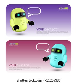 Banner With Chat Bot, The Concept Of Virtual Assistant For UI, Mobile Application Or Website Design. Vector Illustration Of Robot Isolated On Colorful Background With Speech Bubble