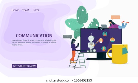 Banner, chatbot Virtual Help, presses on the phone on a blue background among clouds, for a Website Or Mobile Applications, the concept of Artificial Intelligence Flat Vector Illustration, for design