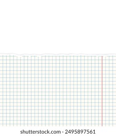 Banner with checkered paper and torn piece with shadow, isolated on transparent background. Empty page with uneven white edges. Template for textbox, layout, collage, photo. Vector illustration EPS10