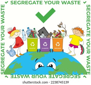 Banner with cheerful children correctly sorting waste into different containers on a light background with earth and a frame