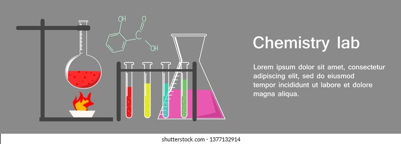 Banner Chemistry Lab with Text and Flasks and Beakers Full of Different Substance, Test Laboratory, Chemical Formula Education on Dark Grey Background Vector Illustration