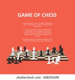 Banner with chess pieces on a chessboard. A poster representing a chess competition or section. Poster with place for text invitation to play chess. 