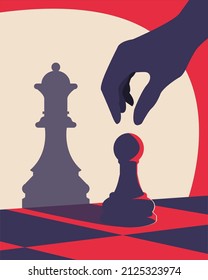 Banner Chess. Poster for chess tournament. A pawn becomes a Queen. Silhouette of chess pieces. Vector icons isolated on white background.