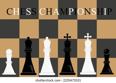 Banner with chessboard, pieces and inscription chess championship. Checkered background with a chess queen, king and pawn.