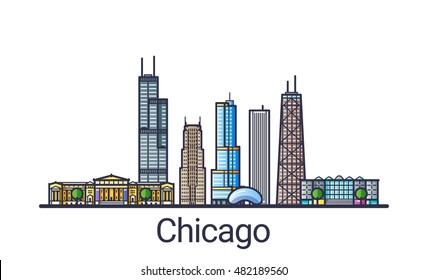 Banner of Chicago city skyline in flat line trendy style. Chicago city line art. All buildings separated and customizable.