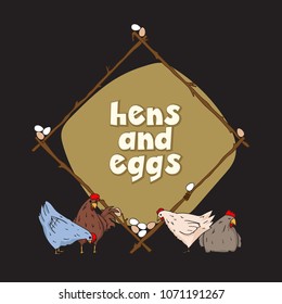 Banner with chicken and eggs in the form of a rhombus of branches