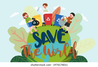 Banner Children help collect plastic bottles in recycling bins on save the world in cartoon character, flat style vector illustration