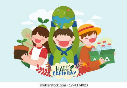 Banner  of Children help to plant trees and collect plastic bottles on happy earth day in cartoon character, flat style vector illustration