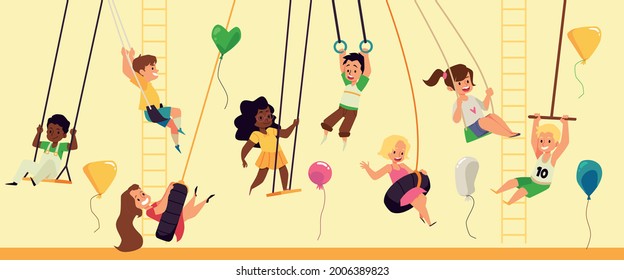 Banner with children on playground rocking on various swings, flat vector illustration. Children have summer outdoor fun on rides and swings in amusement park.