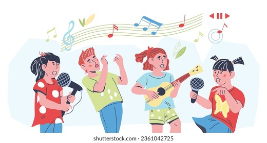 Banner with children singing a song, flat vector illustration isolated on white background. Kids music lessons and karaoke banner. Vocal talents show and chorus.