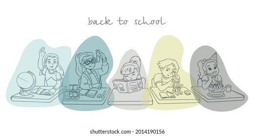 Banner with children sitting at the table, cartoon cute schoolchildren characters. Back to school concept. Colored spots in trendy colors. School sciences - chemistry, literature, physics, etc.