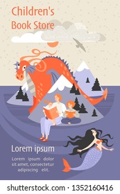 Banner For A Children's Book Store With A Family Sitting On The Beach Reading A Book And Fantastic Characters. Dragon And Mermaid From A Fairy Tale. Illustration In Cartoon Style