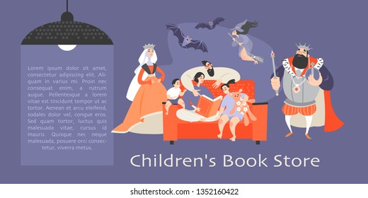 Banner for the children's book store with the family sitting on the couch and reading a book and fantastic characters. Illustration in cartoon style