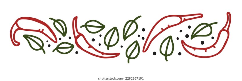 banner with chili pepper, basil and peppercorns.  Can be used for menus, packaging, advertising