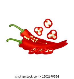 Banner with chili. Vector hot red pepper. Composition from the whole half and the cut pepper.