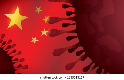 Banner with China waving flag eclipsed with dark coronavirus silhouette, commemorating the outbreak of this virus in Asian territory.