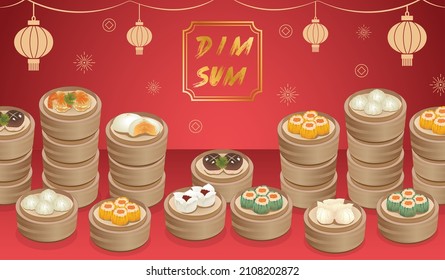 Banner der chinesischen Küche nennen Dim Sum auf dem Tisch mit rotem Hintergrund