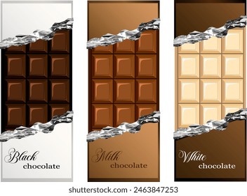 Banner with chocolate bars.Vector illustration with a set of multi-colored chocolates in a package with text.