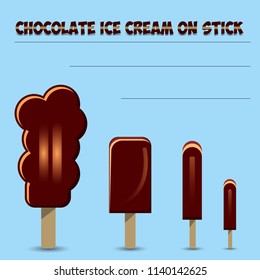 Banner chocolate ice cream on stick, on light blue background, vector