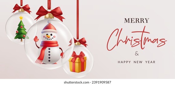 Banner Christmas ball vector illustration with transparent, realistic design. Snowman toy, pine, gift. Ideal for holiday decoration, greeting cards, and winter themed designs. Not AI generated.