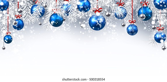 Banner with Christmas balls and fir branches. Vector illustration.