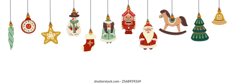 banner Christmas balls. Soviet toys. banner for decorating a Christmas tree, Christmas balls on a white background. Santa Claus, snow Maiden, nutcracker. holiday decoration template. Horizontal