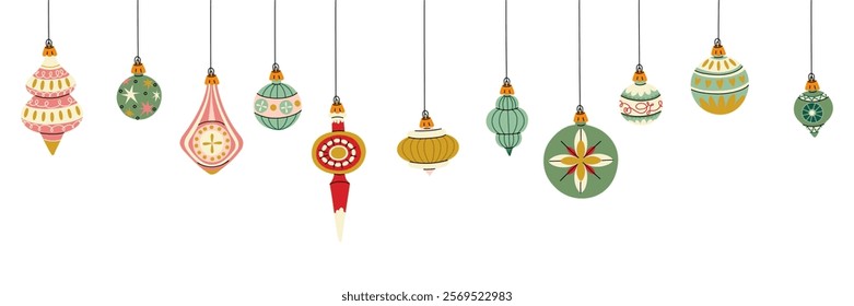 banner Christmas balls. Soviet toys. A banner for decorating a Christmas tree, Christmas balls on a white background. Simple forms with painting. The holiday decoration template. Horizontal