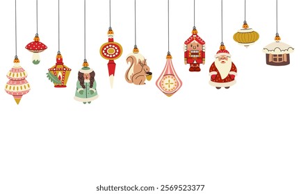 banner Christmas balls. Soviet toys. A banner for decorating a Christmas tree, Christmas balls on a white background. Santa Claus, the snow Maiden, the nutcracker. holiday decoration template