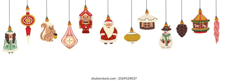 banner Christmas balls. Soviet toys. A banner for decorating a Christmas tree, Christmas balls on a white background. Santa Claus, the snow Maiden, the nutcracker. The holiday decoration template