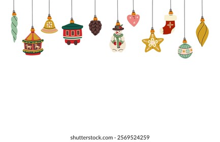 banner Christmas balls. Soviet toys. A banner for the decoration of a Christmas tree, Christmas balls on a white background. Snowman, star, bell. The holiday decoration template. Rectangle