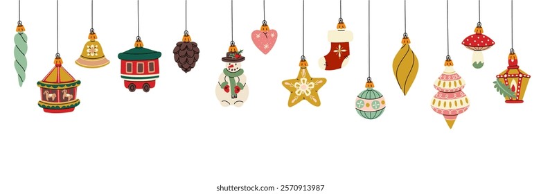 banner Christmas balls. Soviet toys. A banner for the decoration of a Christmas tree, Christmas balls on a white background. Snowman, star, bell. The holiday decoration template. Horizontal