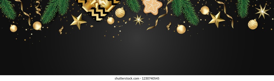Banner with Christmas balls and stars. Great for New year party posters, headers.
