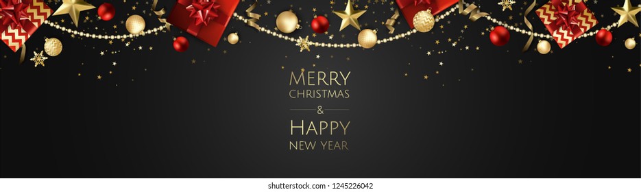 Banner with Christmas balls and stars. Great for New year party posters, headers.