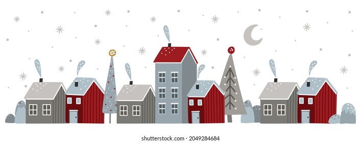 Banner with a Christmas city and winter elements. Vector illustration.
