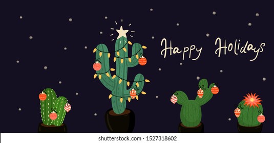 Banner with Christmas decorated cacti.