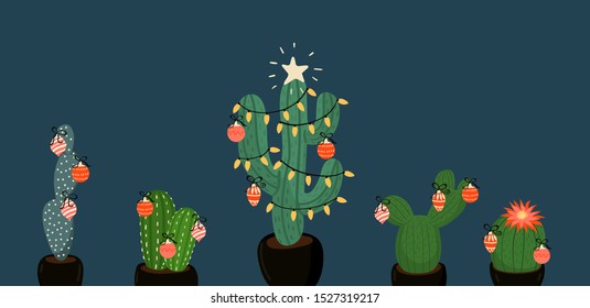 Banner with Christmas decorated cacti.