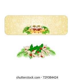 Banner Christmas decoration snowflakes poinsettia with various pine cones and gold holly  vintage  vector illustration editable hand draw
