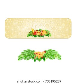 Banner Christmas decoration snowflakes with various fruit and pine cones and gold holly  vintage  vector illustration editable hand draw