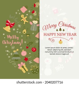 Banner with Christmas design elements in doodle style. Christmas post card. Callygraphic logotype. Vector