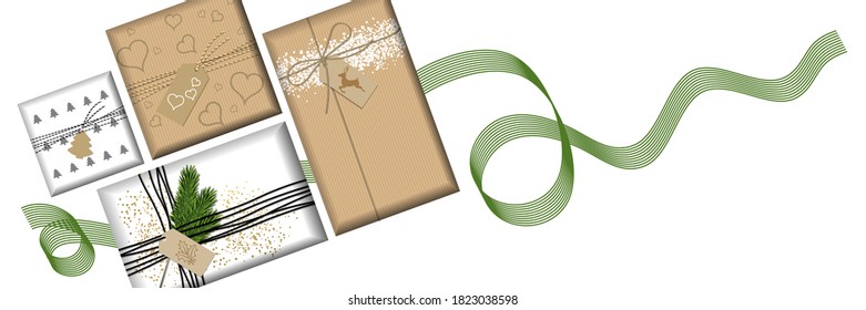 Banner with Christmas gifts in original kraft or white wrappers decorated with holiday motifs.